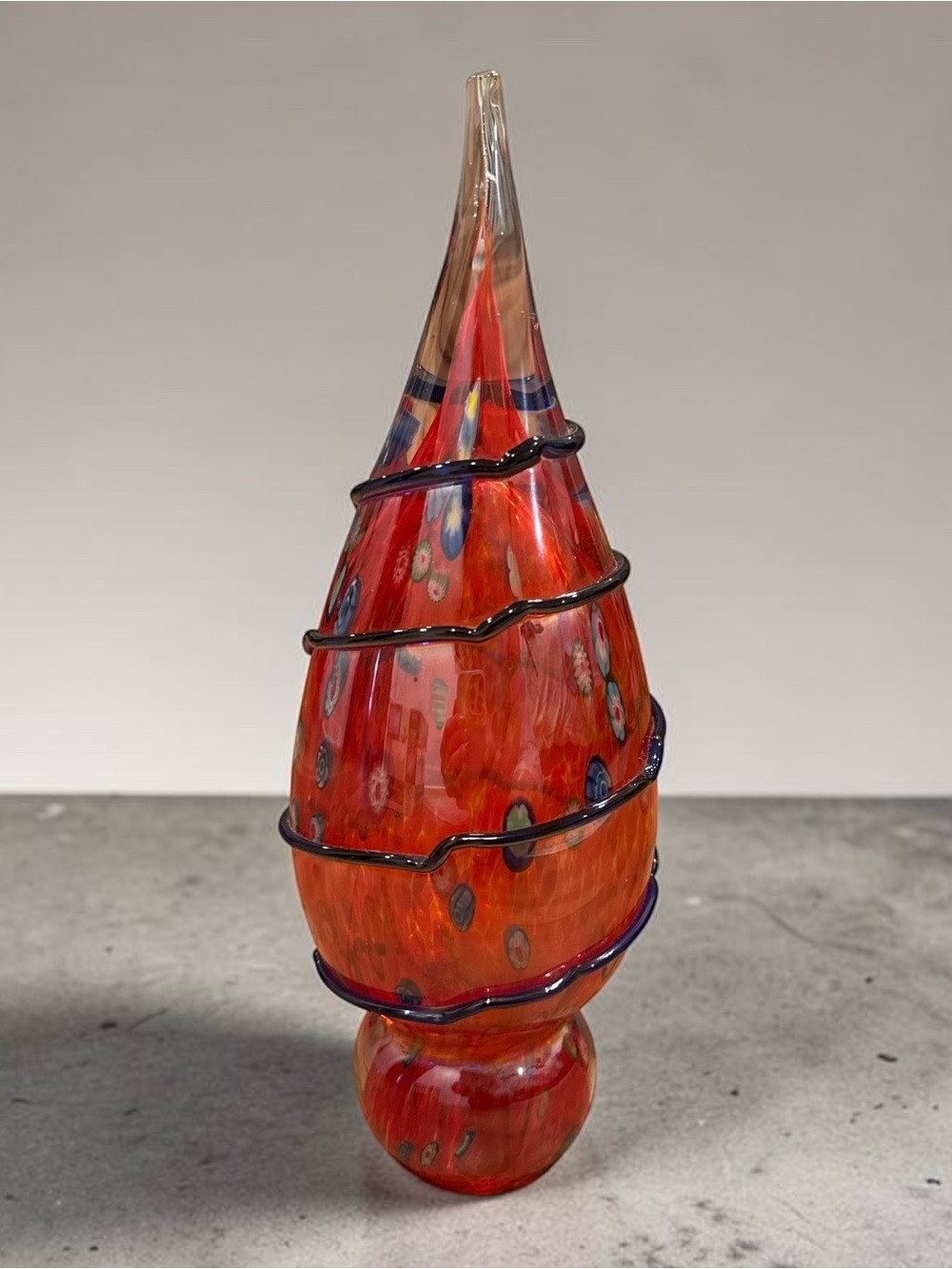 Red Teardrop Millefiori Design Glass Sculpture Hand Blown